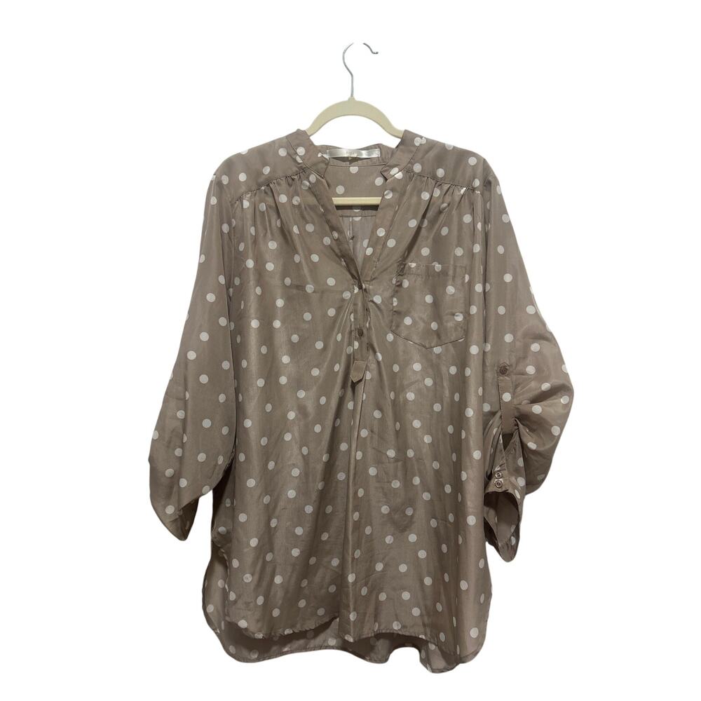 Women's Oversized Cream White Polka Dot Ruched 3/4 Sleeve Button Down Shirt 2XL